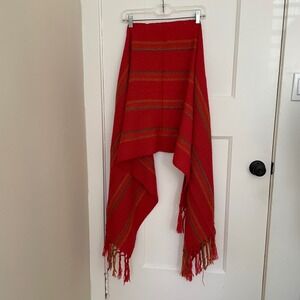 Red Woven Scarf Shawl Fringe Striped Accent